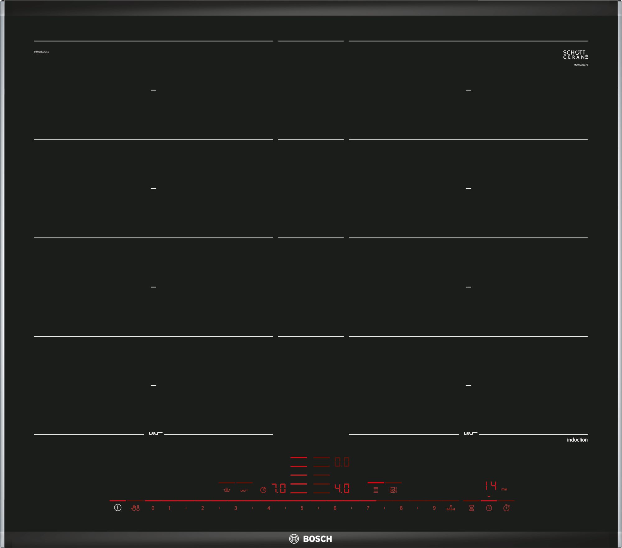BOSCH PXY675DC1E PLACA INDUCCION BOSCH FLEX 2 ZONAS 17 NIVELES DE COCCION MOD. PXY675DC1E